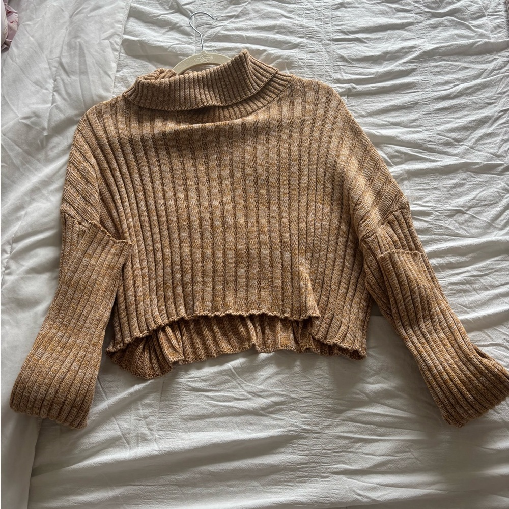 Camel Ribbed Turtleneck Sweater